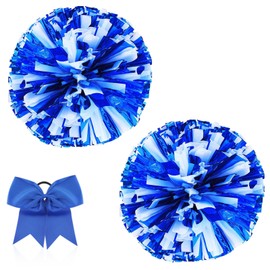 2Pcs Cheerleading Pom Poms, Large Cheerleader Cheering Squad Pompoms with Baton Handle for Kids Adults Team Sports Spirit Party Cheer (Blue White, Large)