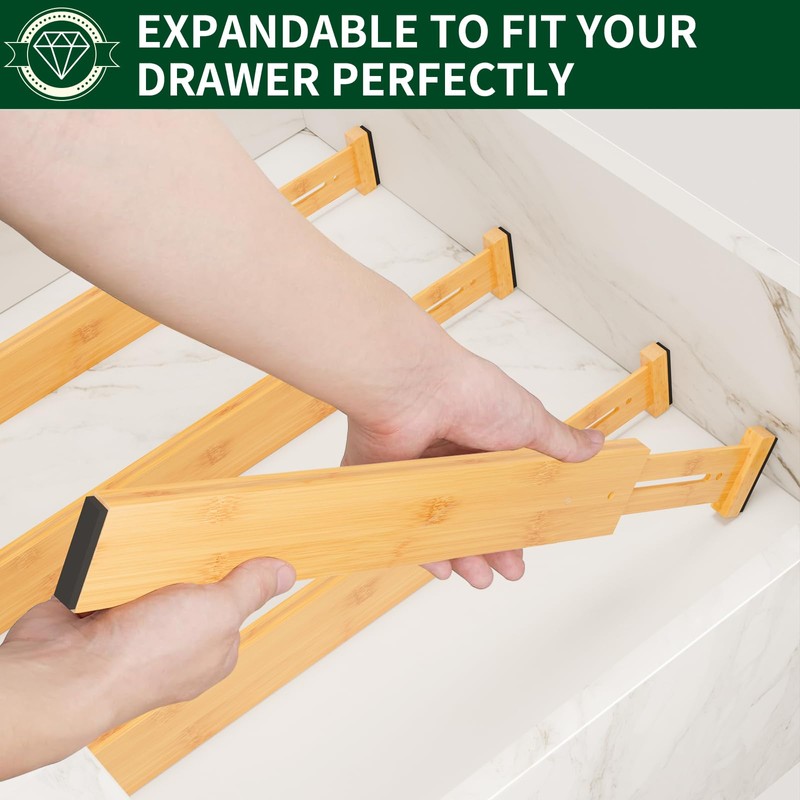 Dunruz 4 Pack Bamboo Drawer Dividers 2.6" High,Adjustable Spring Loaded