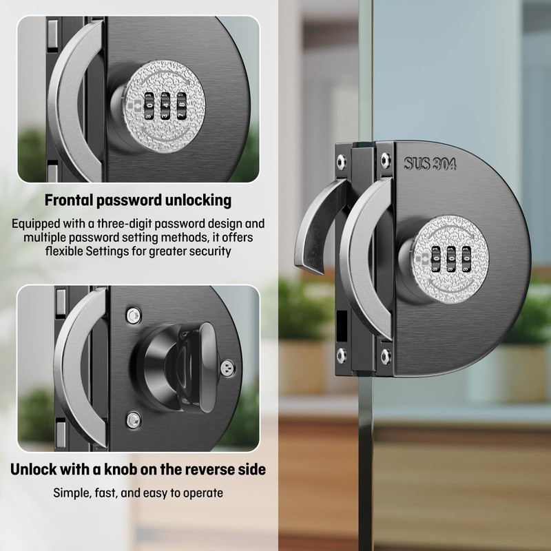 Ranbo Frameless Mechanical Combination Glass Door Lock, No-Drill Installation, Fits