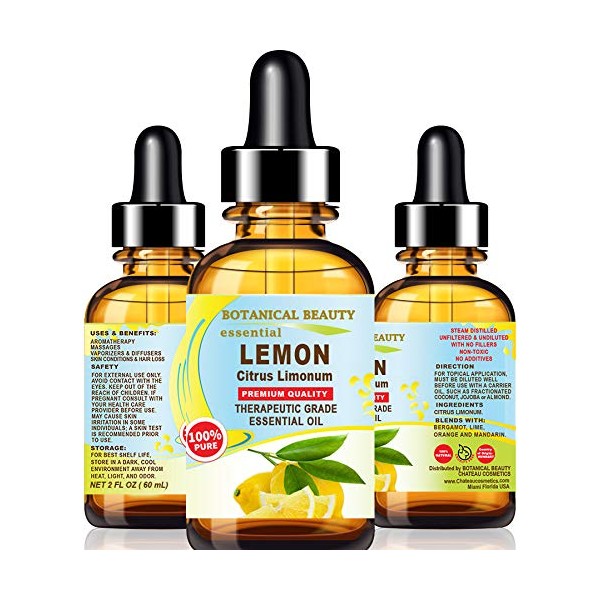 Lemon Essential Oil 100 % Pure Natural Undiluted Therapeutic Grade Essential Oil 2 Fl.oz.- 60 ml for Aromatherapy, Soaps, Candles, Diffusers & Reed Diffusers by Botanical Beauty