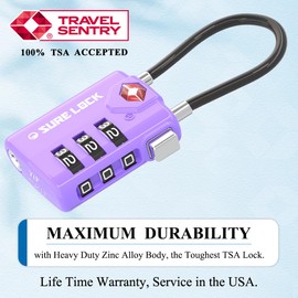 SURE LOCK TSA Compatible Travel Luggage Locks, Inspection Indicator, Easy Read Dials TSA Approved with Zinc Alloy (2, Purple 2 Pack)