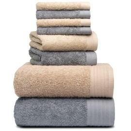 Weidemans 100% Cotton Towels | 2 Bath Towels 30" x 56", 2 Hand Towels 18" x 30" & 4 Washcloths 13" x 13" | Dark Grey & Sand Hand Towels | 8 Ultra Soft & Highly Absorbent Hand Towels for Bathroom