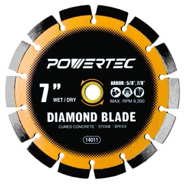 POWERTEC 7" Laser-Welded Segmented Diamond Saw Blade for Wet Tile Saw, Diamond Blade for Cutting Cured Concrete, Block, Brick, Pavers, Masonry, 7 inch Diamond Blades for Wet/Dry Cutting, 1PK (14011)
