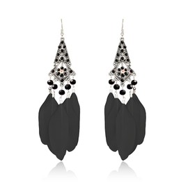 QLYOVWE Long Feather Beaded Tassel Earrings for Women Bohemian Vintage Silver Flower Drop Earrings Multicolor Crystal Feather Earrings Lightweight American Indian Feather Jewelry Gift (Black)