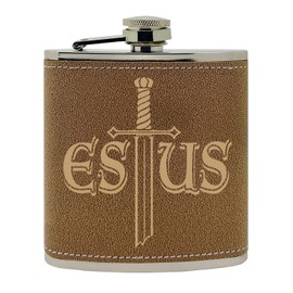 Souls of the Dark Estus Flask Gold Design Custom Printed Stainless Steel Alcohol Hip Flask, 6 Oz. Brown Leatherette