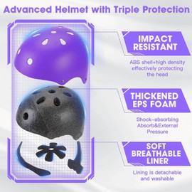 Lyefancy Kids Bike Helmet and Pads Set for 3-13 Years old Boys Girls, Toddler Helmet Protection Gear Set, Adjustable Safety Kids Helmet Knee Pads Set for Scooter Cycling Skateboard Skating(Purple, M)