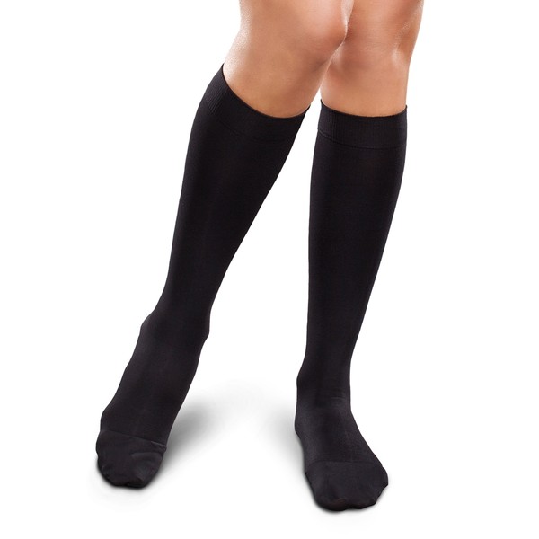 Ease Opaque Women's Knee High Support Stockings - Moderate (20-30mmHg) Graduated Compression Nylons (Black, Small Long)