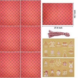Christmas Wrapping Paper for Gift Wrapping - 6 Sheets Red Xmas Gift Wrapping Paper 70 x 50cm Recyclable Kraft Paper with Gift Tags and Ribbon
