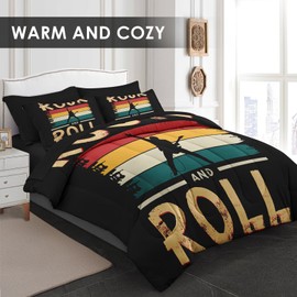 Pamnest Comforter Set Twin Size, Rock Roll Music Vintage 5 Pcs Bedding for Kids and Adults, Retro Guitar Disco Bed Sheet Sets with Fitted Sheet Pillowcase & Sham for Bedroom Bed Decor