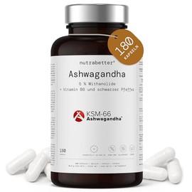 Ashwagandha Capsules KSM-66, 600 mg Daily Dose, 180 Vegan Capsules, Standardised Organic Root Extract with 5% Withanolides, Adaptogen for Stress, Energy & Sleep nutrabetter