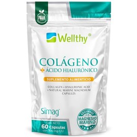Wellthy Colageno con Magnesio y Acido Hialuronico 60 Capsulas. 100% Natural, Peptidos de Colageno hidrolizado Genu-In, Magnesio Marino Francés SIMAG, 