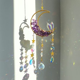 Artilady Crystal Moon Suncatcher -Suncatchers for Windows Hanging Crystals and Healing Stones Dream Catcher Moon Wind Chimes Garden Outdoor Decor Rainbow Maker Birthday Gift for Daughter Women