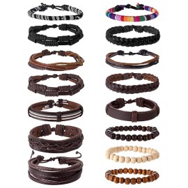 15Pcs Braided Leather Bracelet Boho Cuff Wrap String Wood Bead Woven Ethnic Stretch Wristbands Bracelets Set Size AdjustableColor: Brown