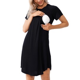 AGKRUNN Women Sleepshirts 3 in 1 Delivery/Labor/Maternity/Nursing Nightgown Short Sleeve Breastfeeding Sleep Dress Pure Black S