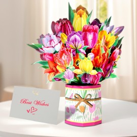 Tidponra Pop Up Card Women, 3D Flower Birthday Cards Popup Tulips Bouquet Get Well Soon Cards with Envelope and Note Card for Mother's Day, Anniversary, Birthday, Home Decor