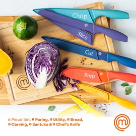 MasterChef Kitchen Knives Set with Covers incl. Paring, Boning, Carving, Bread, Santoku & Chef Knife, Sharp Cutting Stainless Steel Blades with Sheaths, 12 Piece (6 Colored Knives & 6 Covers)