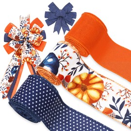 JarThenaAMCS 3 Roll Fall Wired Edge Ribbon 2.5 Inch & 2 inch Blue Orange Autumn Pumpkin Leaf Dots Ribbon for Bow Wreath Craft Gift Wrap Farmhouse Thanksgiving Holiday Party Decor, 18 Yard