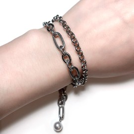 Chain Bracelet Silver, Double Layer Figaro Chain Bracelet with Pearl Charm, Gothic Style, Silver chunky bracelet for women for men