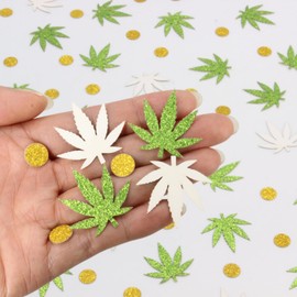 Blopee Leaf Confetti for 420 Party Decorations, 300PCS Glitter Weed Confetti for 4/20 Weed Party Decorations, Weed Grass Green Confetti and Dots Gold Confetti Table Scatter for Weed Decor
