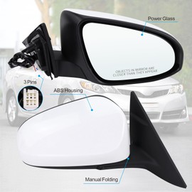 Lqito Right Passenger Side Mirror Compatible With 2012 2013 2014 Toyota Camry with Manual Folding Power Glass Non-Heated White Replace#87908-06400(3Pins)