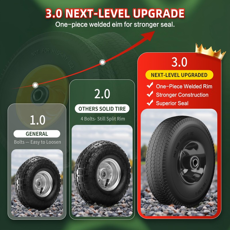 USCaster 4.10/3.50-4 Tire and Wheel Flat Free,10-Inch Solid Wheel Replacement