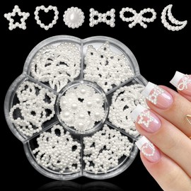 LuckForever 3D Nail Charms Cute Star Moon Bow Heart Charm Nail Decorations Kit White Bow-Know Stars Heart Pearl Studs Acrylic Nail Design Jewelry Resin Craft Art Accessories Nail Tech Supplies