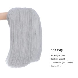 BUYOGET Silver Bob Wigs with Flat Bangs 12 Inch Striaght Shoulder Wigs for Women Cosplay Costume Party Wig