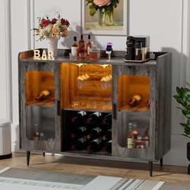 Hyomdeck Liquor Cabinet Bar with Power Outlet & LED Light, Wine Bar Cabinet with Wine and Glasses Rack for Kitchen, Dining Room, Black Oak
