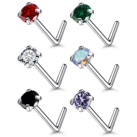 Qiwnswoy 18G Astm F136 Titanium Nose Rings Studs for Women L Shaped Nose Rings Studs Nostrial Piercing Jewerly 2mm Diamond CZ Nose Rings Studs for Women Men