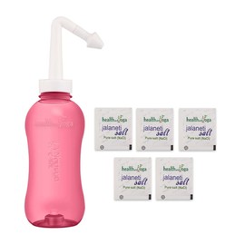 HealthAndYoga Neti Pot Squeeze Bottle with 5 Neti Salt Packets – Large 11 oz Easy Nasal Wash with Manual On and Off Button - Sinus Rinse and Irrigation System