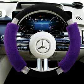 Achiou Rhinestone Fluffy Steering Wheel Cover - Luxury Car Design, Comfortable Non-Slip Luxury Faux Wool for 14.5" to 15" Steering Wheels