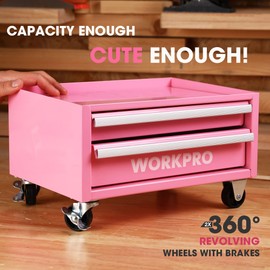 WORKPRO Pink Real Tool Set for Kids with 12 Inch Mini Steel Tool Box with Wheels, 10PCS Kids Real Tools with 2 Drawers Desk Metal Rolling Tool Chest, Children's Tool Kit for Home DIY- Pink Ribbon