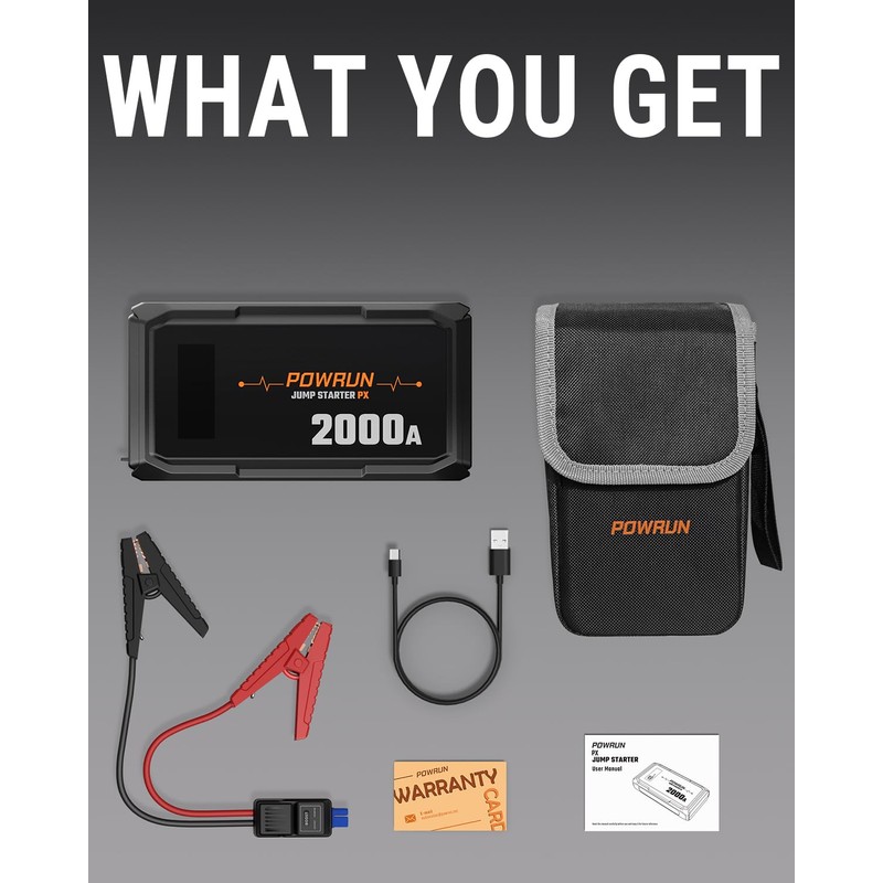 Powrun P-X Jump Starter, 2000A Portable Jump Box - Car