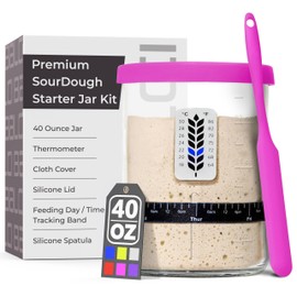 Premium Sourdough Starter Jar - 40oz Large Sourdough Jar with Marked Feeding Band, Thermometer, Scraper, Cloth Cover and Silicone Lid/Base, Wide Mouth Starter Kit - Pink