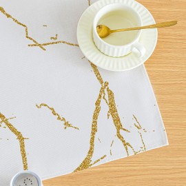 Tablecloth White and Gold Middle Runner Modern Tablecloths with Marble Texture Abstract Linen Table Decoration for Indoor Kitchen Winter Spring Holidays Party Decor 85 x 85 cm
