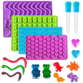 Gummy Candy Molds - Silicone Mini Gummy Bear/Hearts/Dinosaur/Gummy Worm Mold for Kids with 2pcs Dropper,Non-stick and Bpa Free for Candy Chocolate Gummies Baking
