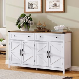ChooChoo Sideboard Buffet Cabinet with Storage, Buffet Storage Cabinet with 2 Drawers and 4 Barn Doors, Modern Farmhouse Coffee Bar Cabinet for Kitchen, Dining Room, Living Room, White