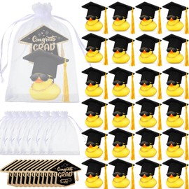 Hollowfly 24 Sets 2025 Graduation Gifts Graduation Rubber Duck Car Ducks with Grad Cap Sunglasses Necklace Congratulation Cards for School Student College Party Gift Car Dashboard Decor (Gold Tassel)