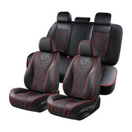Doogo SeatCovers Full Set, Leather SeatCovers, Waterproof 5 Seats Black and Red Driver SeatCovers, Car Seat Protector Accessories Fit for Most Vehicles
