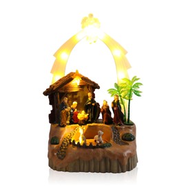 MUMTOP Christmas Village Nativity Scene with Rotating Sheep, Light Up Holy Family Manger Figurine Set for Indoor Holiday Christian Tabletop Decor