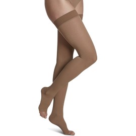 SIGVARIS Men’s & Women’s Essential Cotton 230 Open Toe Thigh-Highs w/Grip-Top 20-30mmHg - Light Beige - Medium Short