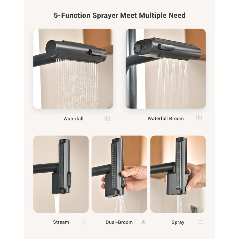 Waterfall 3 Hole Matte Black Kitchen Sink Faucet with Separate