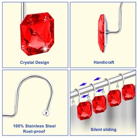 Yapicoco Shower Curtain Hooks Rings for Bathroom, Stainless Steel Rust Resistant Decorative Rhinestones Square Red Shower Hooks Hangers for Shower Curtains, Clothing, Towels, etc.