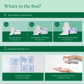 Rpe Life Feminine Care Bundle, Period Essentials 100% Organic Cotton Pads for Women, Size 2,3,5 Sanitary Napkins 124 Ct, Flushable Gentle Feminine Wet Wipes, Plant-Based Soothing Feminine Wash