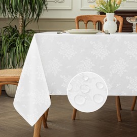 Romanstile Jacquard Rectangle Tablecloth, Waterproof Elegant Damask Rose Pattern Table Cloth, Washable Decorative Floral Polyester Table Cover for Kitchen/Dining/Parties - White, 52 x 70 Inch