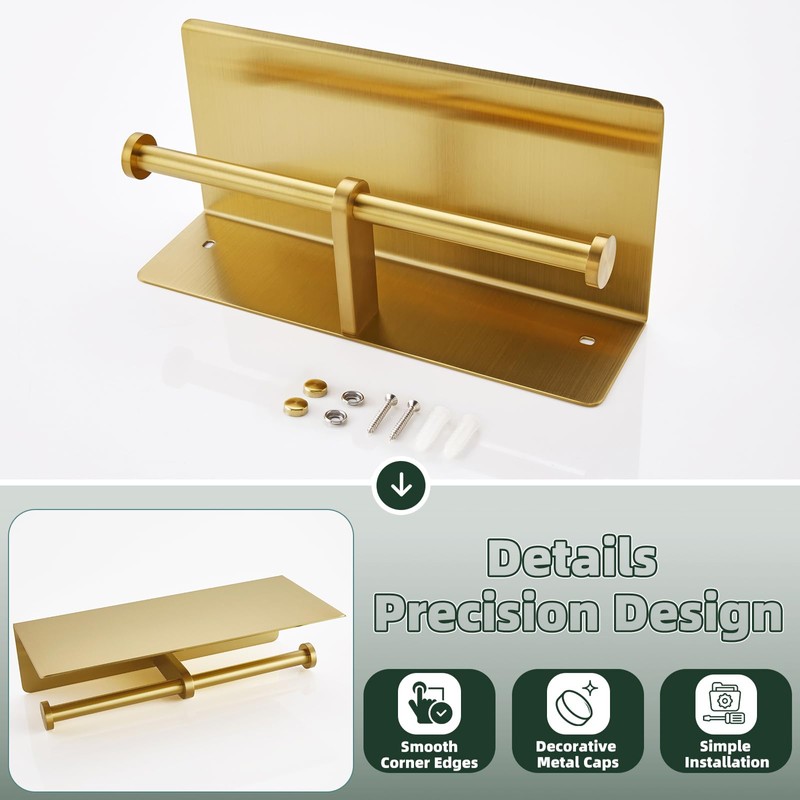 APLusee Brushed Gold Double Toilet Paper Holder with Shelf, Heavy