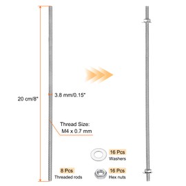 uxcell 8pcs 8/32 Inch M4 Threaded Rods with 16pcs Hex Nuts and Washers 8 Inch 201 Stainless Steel Full Threads Right-Hand Thread for Hangers, U-Bolts, Beaded Garden Stake Rods, Silver