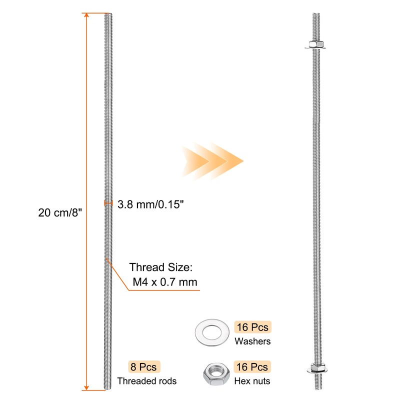 uxcell 8pcs 8/32 Inch M4 Threaded Rods with 16pcs Hex