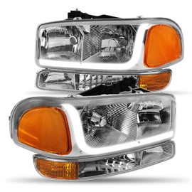 CAAP DRIVEN LED DRL Headlights + Bumper Lamps Compatible with 1999-2007 GMC Sierra 1500 2500HD 3500 C3 Yukon CAAP-SIERRA99-LB-CHAM-HL