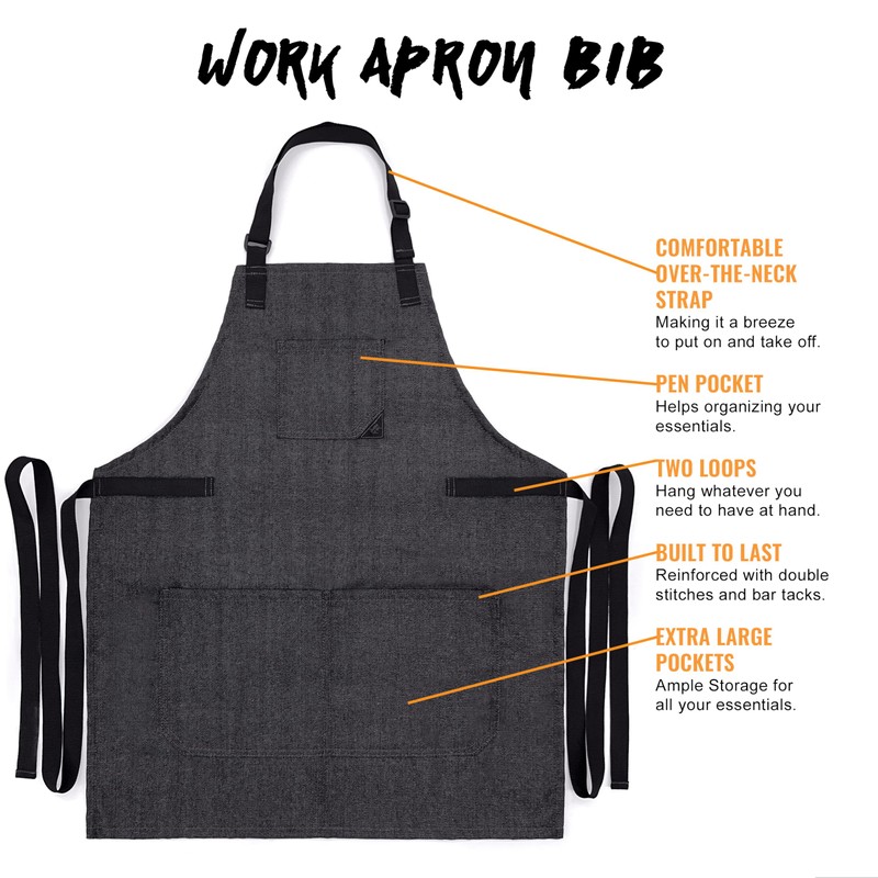 Under NY Sky Work Apron – Bib Style, 3 Pockets,